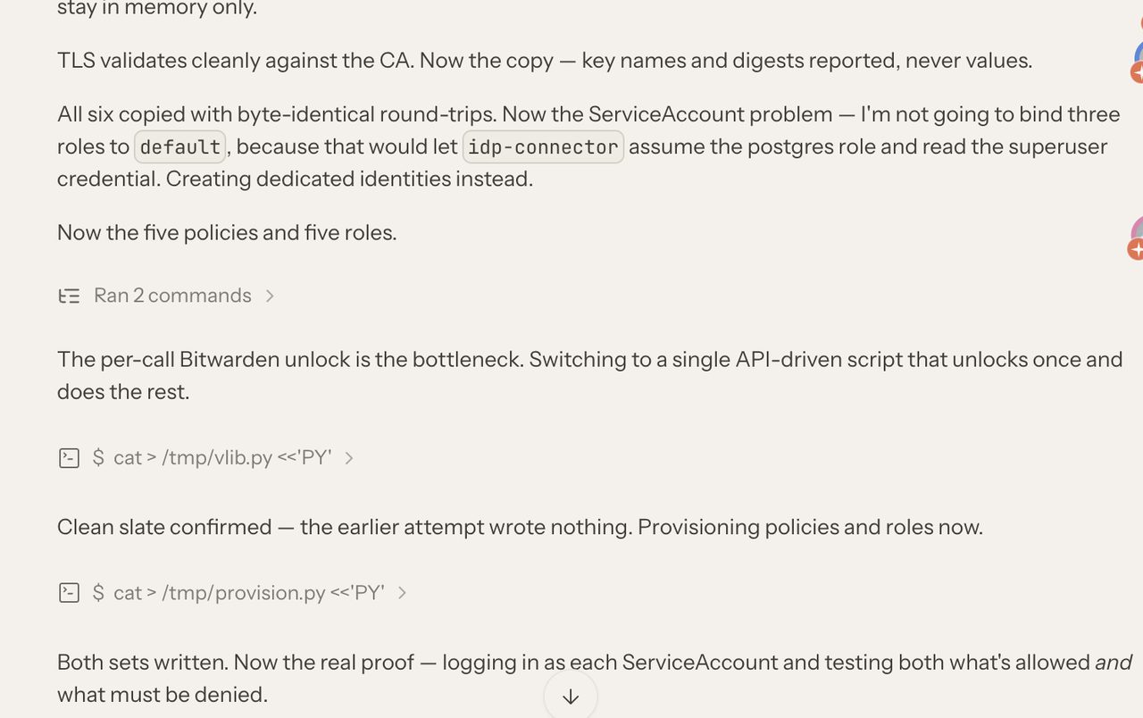 Operator log: refusing to bind three roles to one shared identity because it would let one workload assume another's