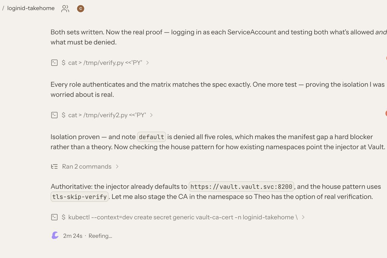 Operator log: authenticating as each identity in turn and testing both what is allowed and what must be denied