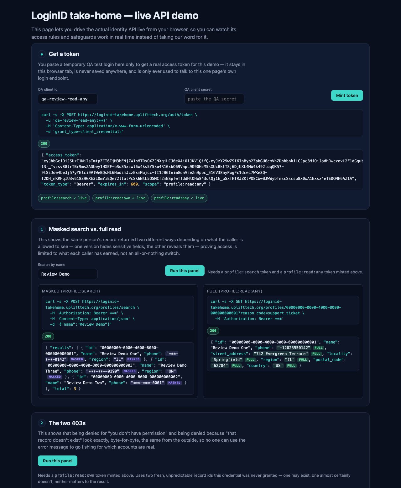 Demo console: three tokens minted, then the same profile returned masked under profile:search and unmasked under profile:read:any