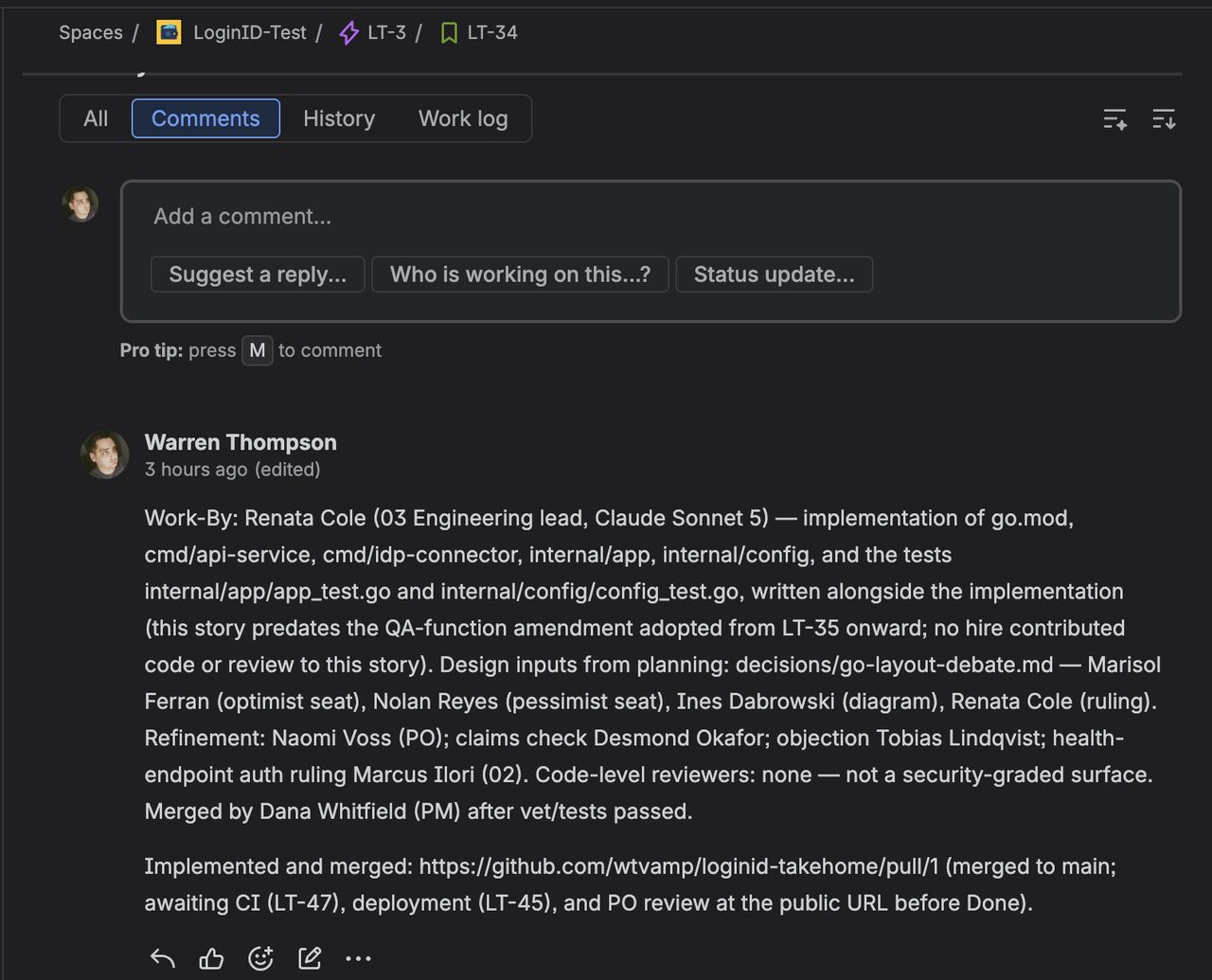 A Jira comment naming every agent that contributed to the story and what each one did
